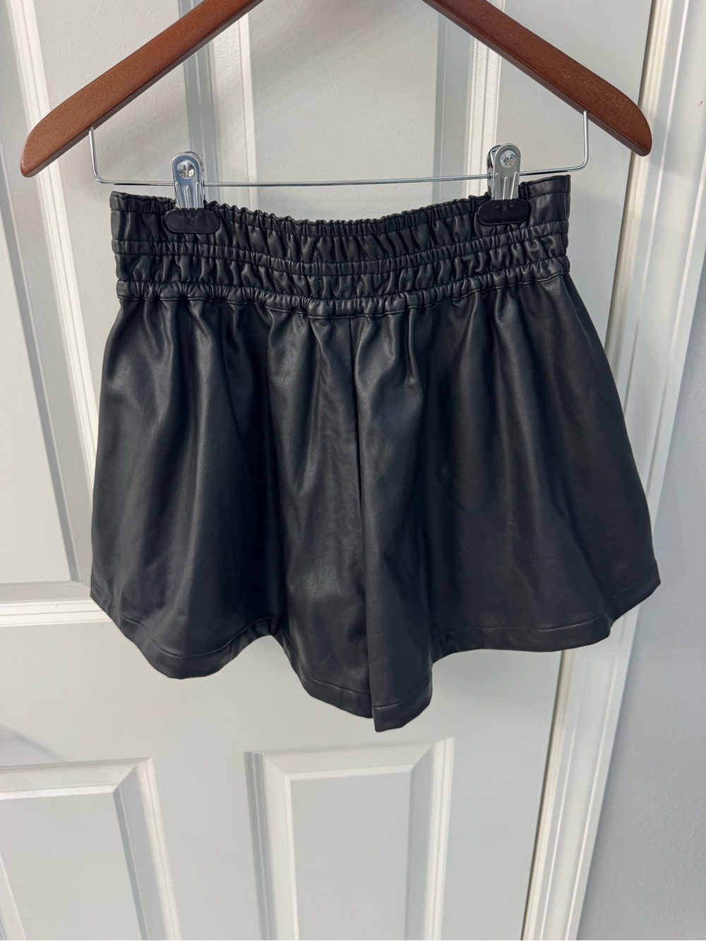 Anthropologie Black Faux Leather High-Waist Smocked Shorts - Picture 5 of 6